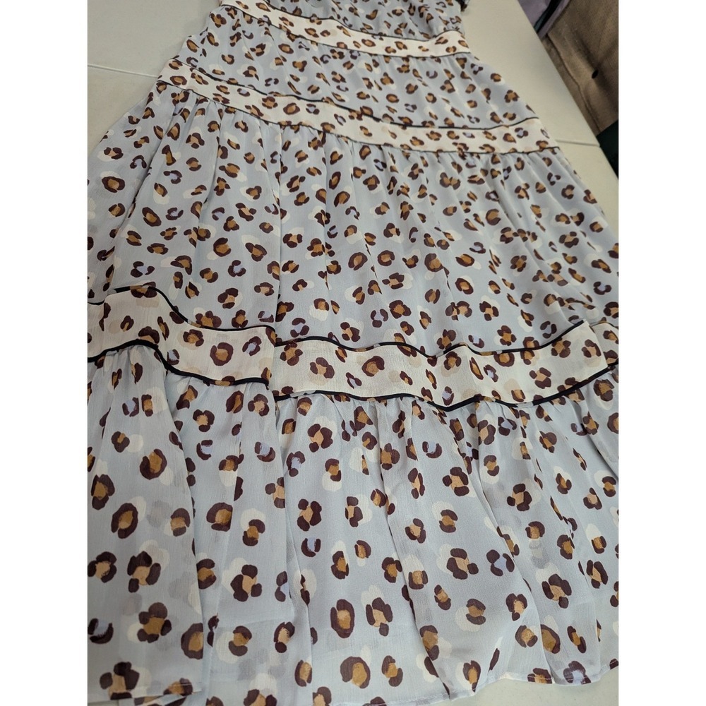 Ann Taylor 6P Blue Leopard Print Tiered Prairie Midi Dress Flutter Sleeve Lined - Picture 11 of 13